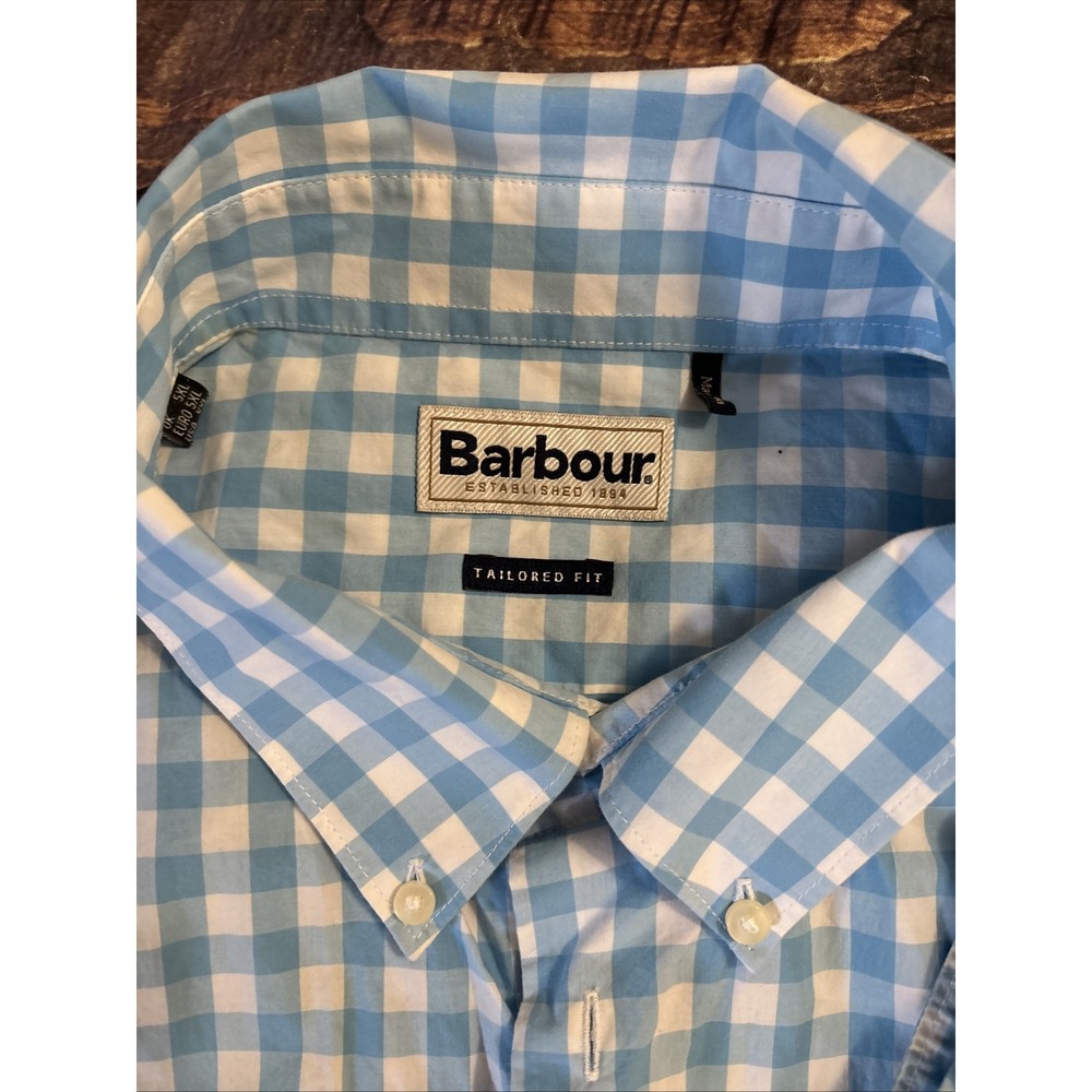 Barbour Shirt 2XL Tailored Fit Long Sleeve Button Down Blue/White Gingham Cotton - Picture 2 of 7